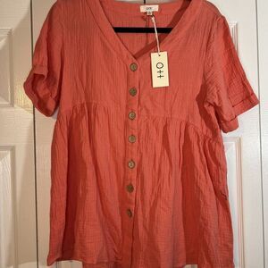 Ott Orange Button Up Women's Size‎ Small V Neck Short Sleeve Textured Top NWT